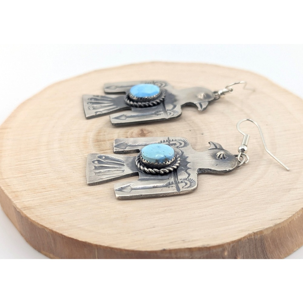 Navajo Thunderbird Golden Hills Turquoise Earrings Handmade NA Sterling Jewelry* - Picture 7 of 11